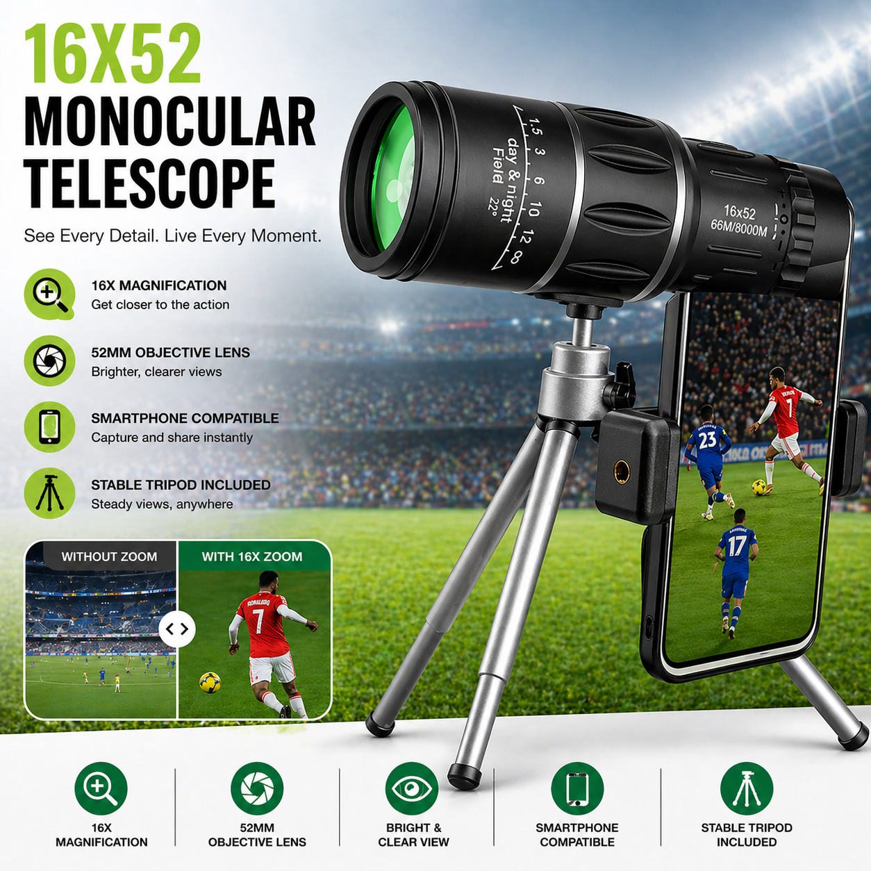 16x52 HD Monocular Telescope for Long-Range Viewing