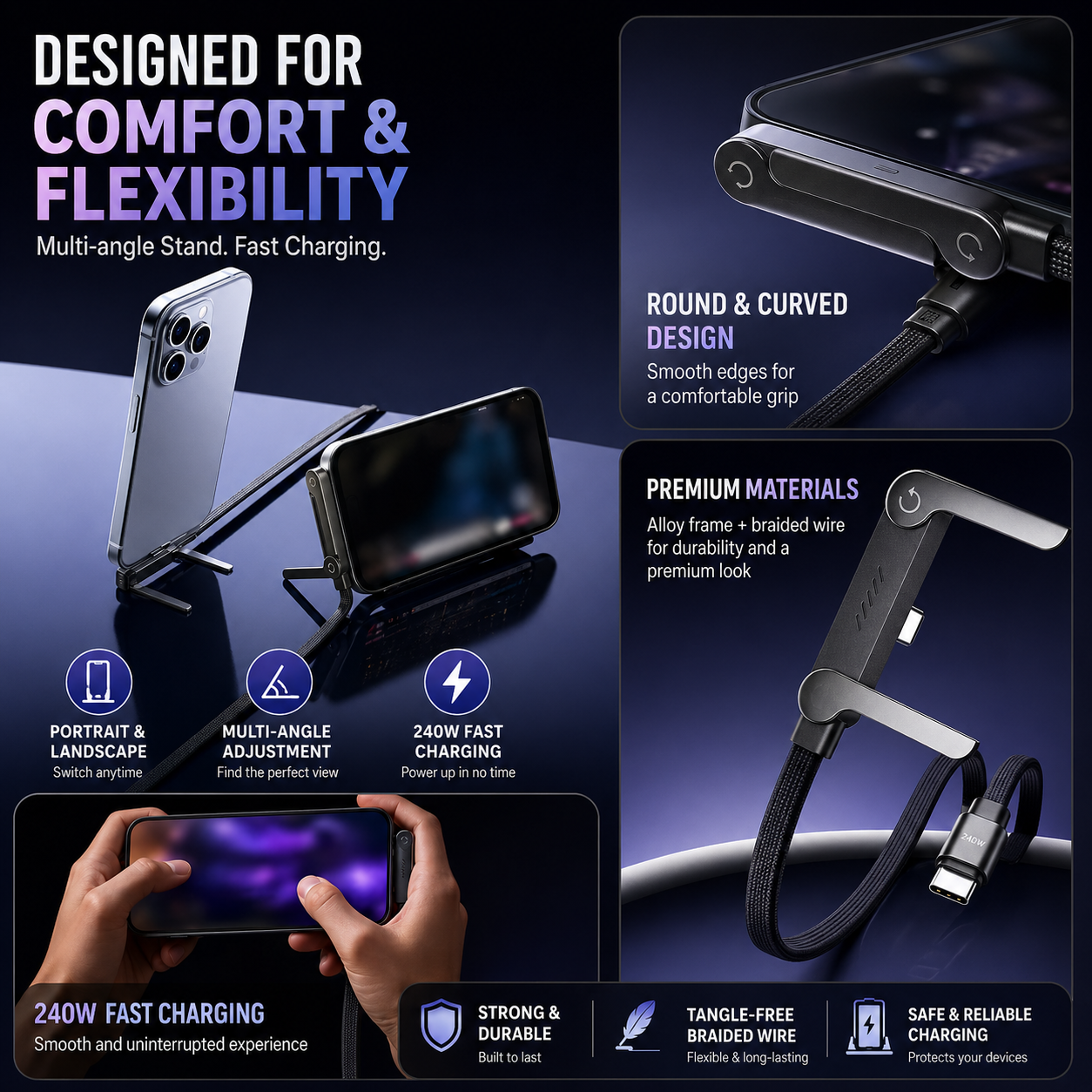 240W USB-C Charging Cable & Adjustable Phone Holder