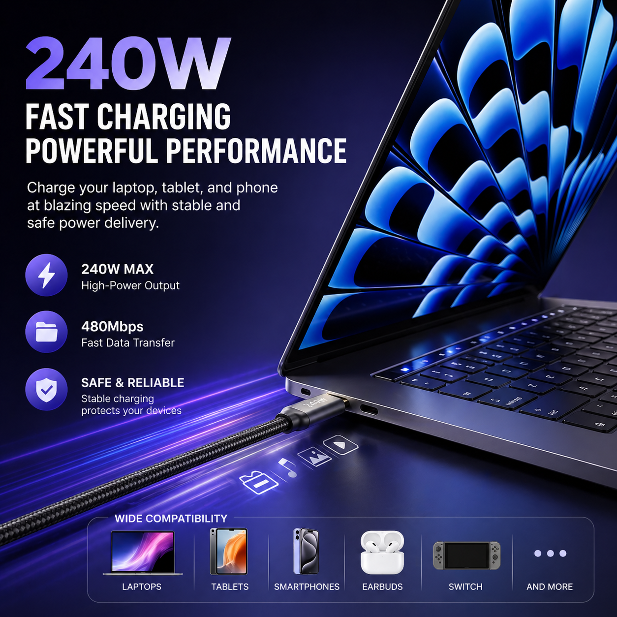 240W USB-C Charging Cable & Adjustable Phone Holder