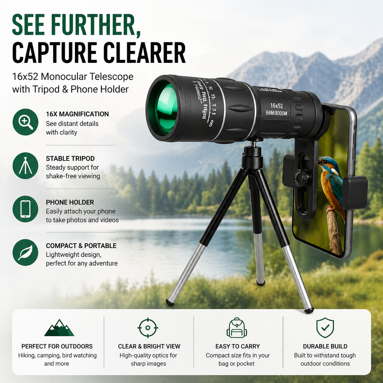 16x52 HD Monocular Telescope for Long-Range Viewing
