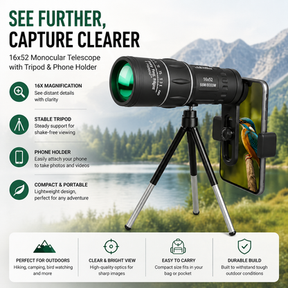 16x52 HD Monocular Telescope for Long-Range Viewing