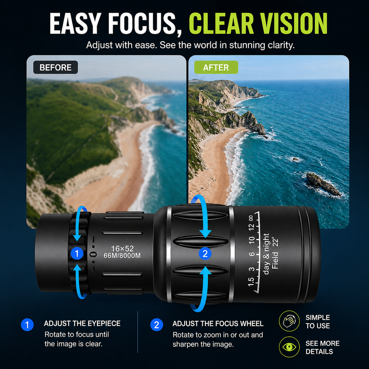 16x52 HD Monocular Telescope for Long-Range Viewing