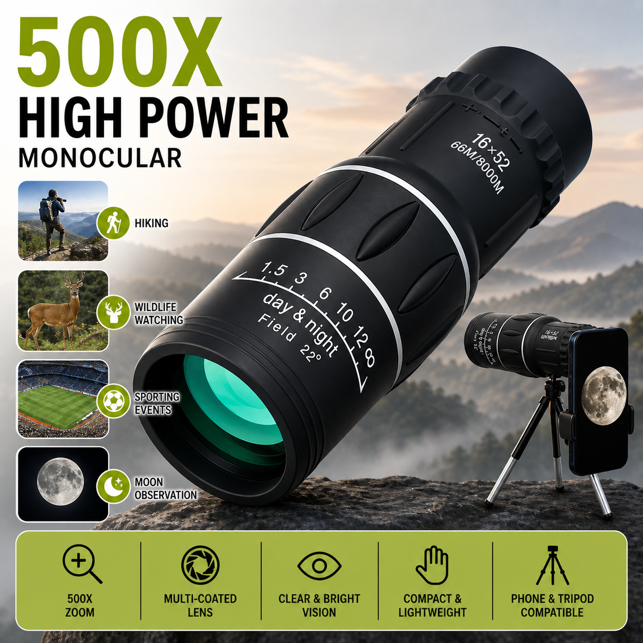 16x52 HD Monocular Telescope for Long-Range Viewing