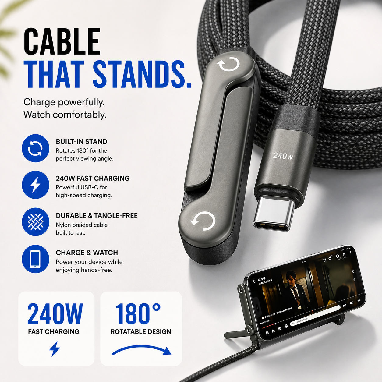 240W USB-C Charging Cable & Adjustable Phone Holder