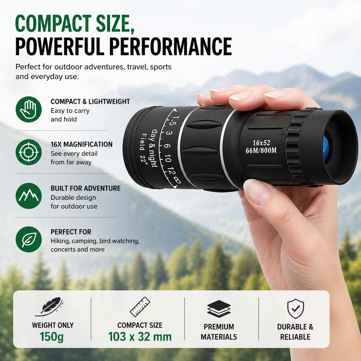 16x52 HD Monocular Telescope for Long-Range Viewing